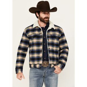 Levi's Men's Blue Western Barn Coat Plaid Print Sherpa Lined Trucker Jacket MED